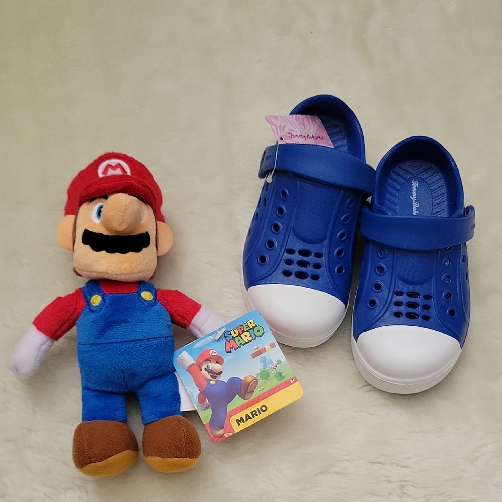 Adorable Bundle - Blue Kids Clogs with Super Mario Plush